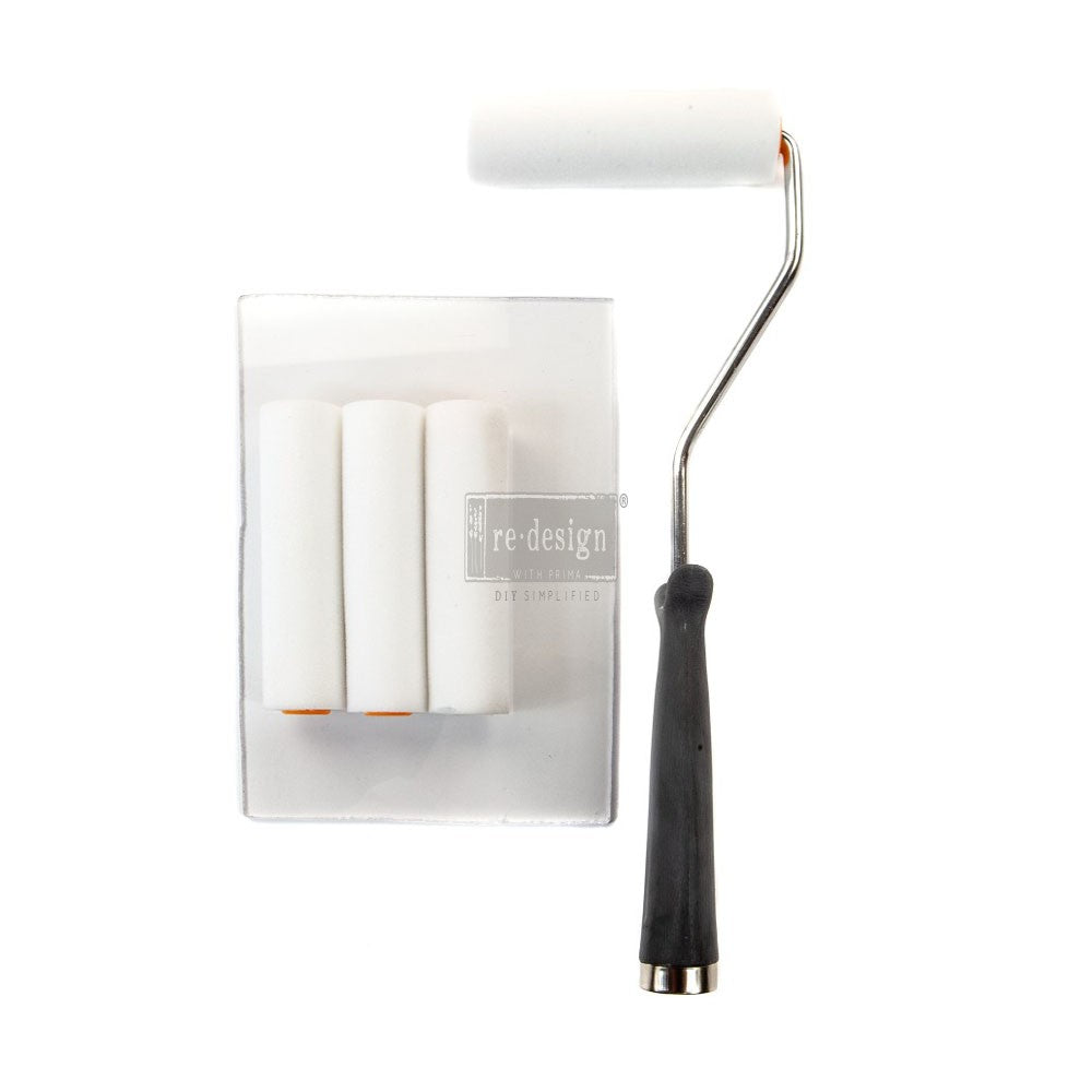 REDESIGN ROLLER BRUSH SET – 1 ROLLER HANDLE (FULL LENGTH 11.5″/ HANDLE 5.25″X1.25″), 4 FOAM ROLLERS (4″X1″), 1 5×7 ACRYLIC BLOCK
